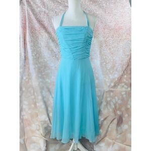 Light Blue Ruched Silk Chiffon Halter Midi Dress Formal Wedding Guest Party
